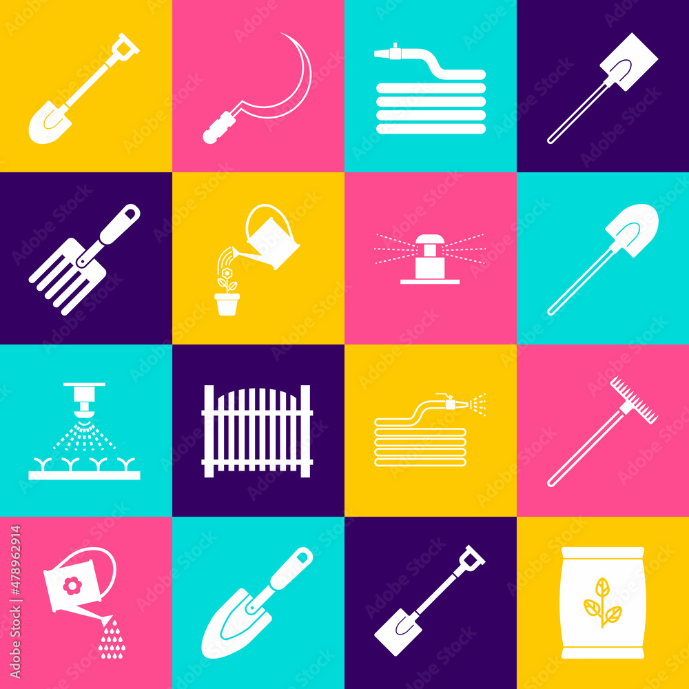 Set Fertilizer bag, Garden rake, shovel, hose or fire hose, Watering can, fork, and Automatic irrigation sprinklers icon. Vector Set Fertilizer bag, Garden rake, shovel, hose or fire hose, Watering can, fork, and Automatic irrigation sprinklers icon. Vector