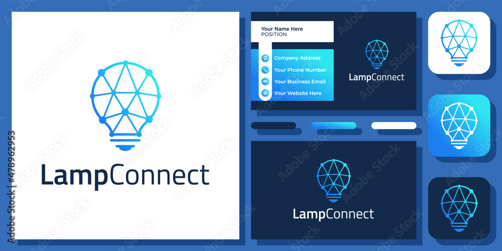 Lamp Connect Technology Light Bulb Connection Network Digital Logo Design with Business Card Template Lamp Connect Technology Light Bulb Connection Network Digital Logo Design with Business Card Template