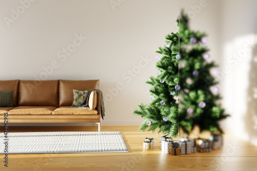 Minimalist living room with Christmas tree
