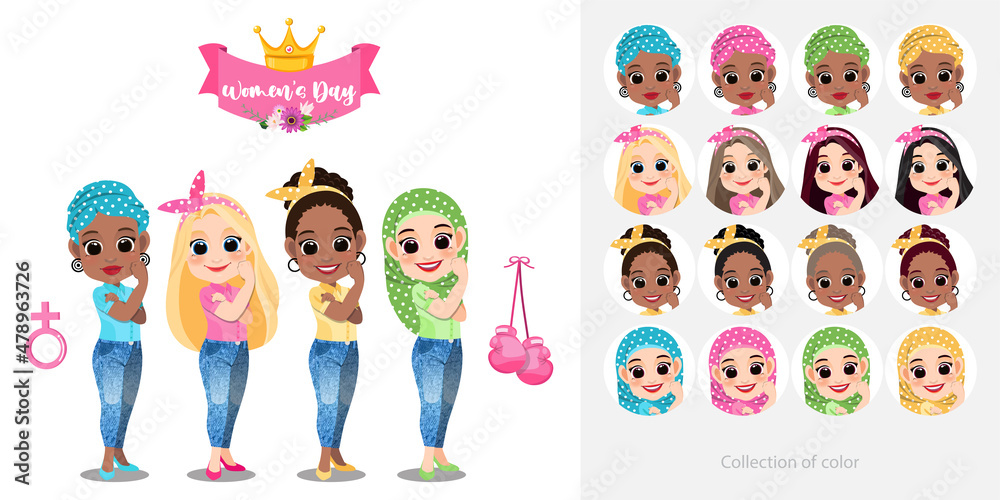 International Women's day with Diverse Girl or Girl Power standing together on white background and collection of Color cartoon character vector International Women's day with Diverse Girl or Girl Power standing together on white background and collection of Color cartoon character vector