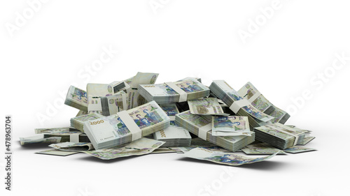 3D Stack of 2000 Algerian Dinar notes isolated on white background