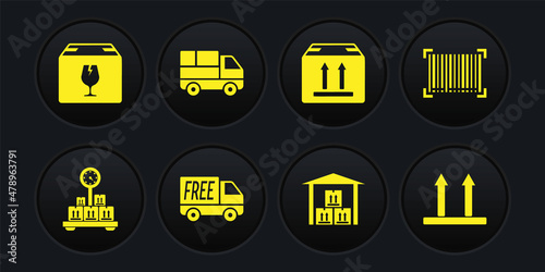 Set Scale with cardboard box, Barcode, Free delivery service, Warehouse, Cardboard traffic, Delivery truck boxes, This side up and fragile content icon. Vector