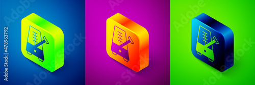 Isometric Classic Metronome with pendulum in motion icon isolated on blue, purple and green background. Equipment of music and beat mechanism. Square button. Vector