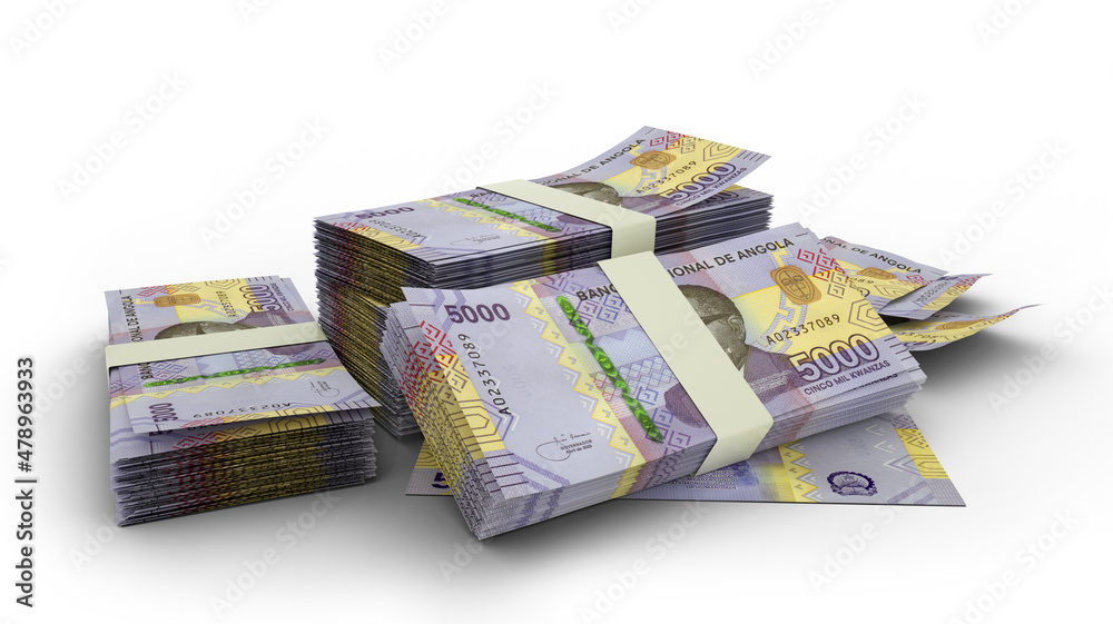 3D Stack of 5000 Angolan kwanza notes isolated on white background 3D Stack of 5000 Angolan kwanza notes isolated on white background