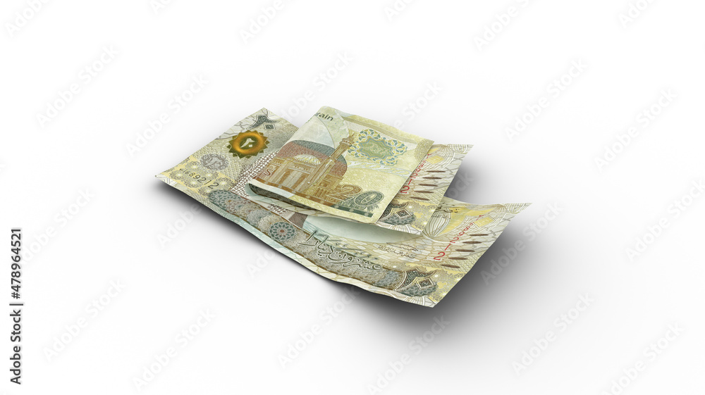 3D rendering of Double 20 Bahrain dinar notes with shadows on white background 3D rendering of Double 20 Bahrain dinar notes with shadows on white background