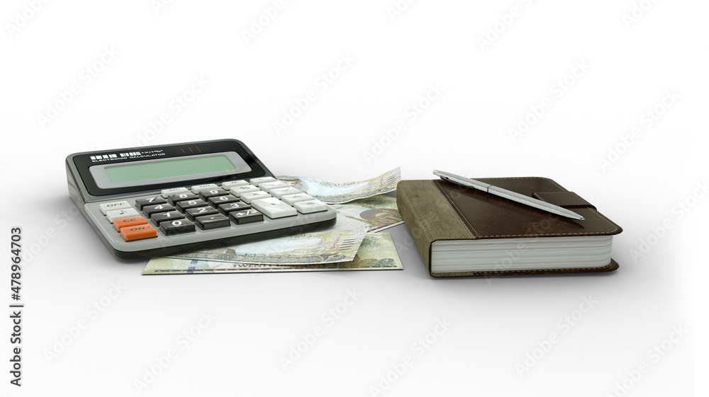 3D rendering of an isolated composition of Bahrain Dinar notes, a calculator, a note book and a pen. front view 3D rendering of an isolated composition of Bahrain Dinar notes, a calculator, a note book and a pen. front view