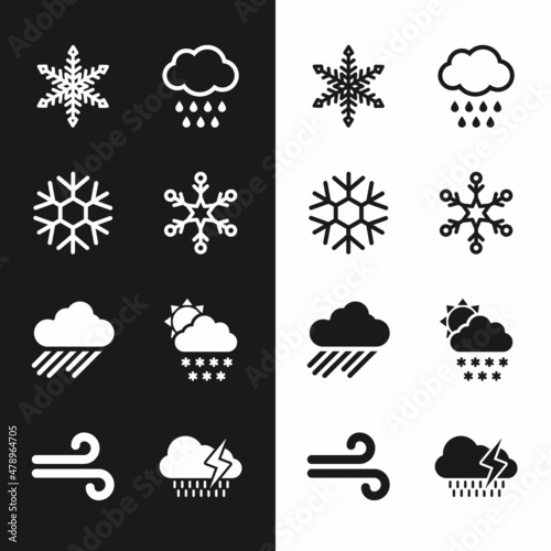 Set Snowflake, Cloud with rain, and snow and sun icon. Vector