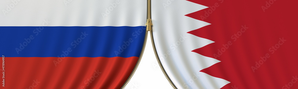 Flags of Russia and Bahrain and closing or opening zipper between them. Political negotiations or interaction conceptual 3D rendering