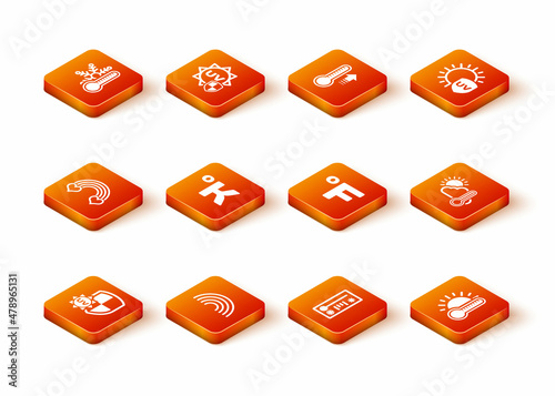 Set UV protection, Rainbow, with heart, Kelvin, Meteorology thermometer, Fahrenheit, Thermometer sun and and cloud, icon. Vector