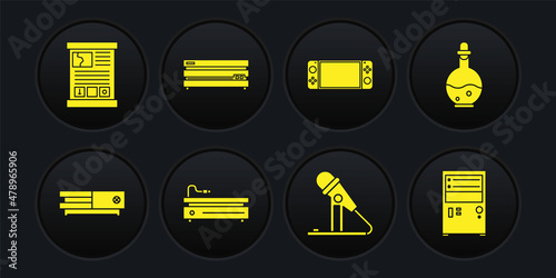 Set Video game console, Bottle with magic elixir, Microphone, Portable video, Computer and Game guide icon. Vector