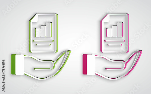 Paper cut Contract in hand icon isolated on grey background. Insurance concept. Security, safety, protection, protect concept. Paper art style. Vector