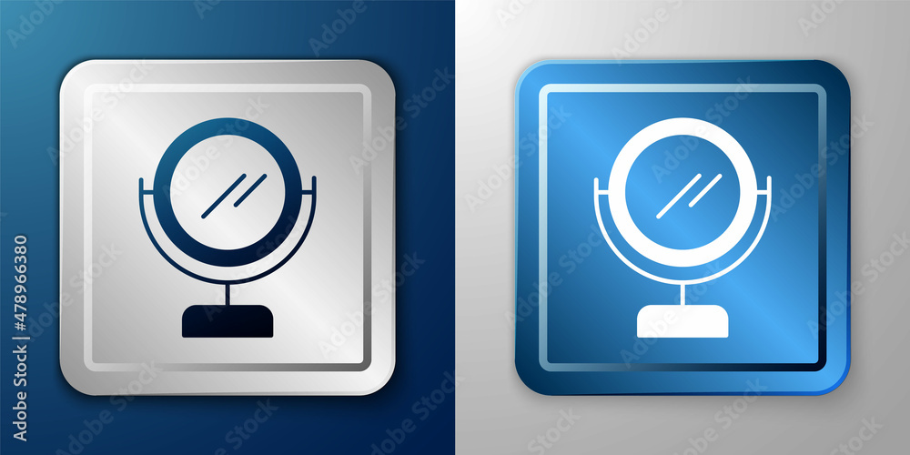 White Round makeup mirror icon isolated on blue and grey background. Silver and blue square button. Vector White Round makeup mirror icon isolated on blue and grey background. Silver and blue square button. Vector
