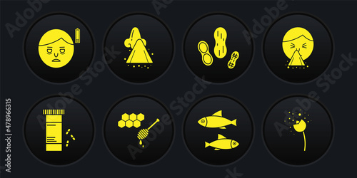Set Medicine bottle and pills, Handkerchief to his runny nose, Honeycomb with honey dipper, Fish, Peanut, Runny, Flower producing pollen and Fatigue icon. Vector