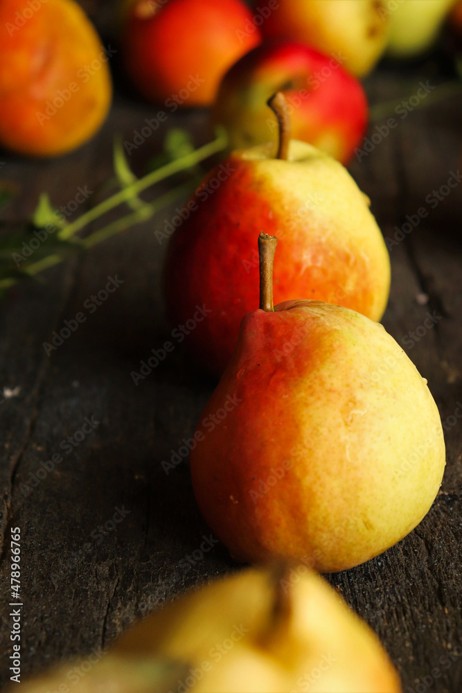 Williams pears, yellow and red, fragrant, ripe, black background, Williams pears, yellow and red, fragrant, ripe, black background,