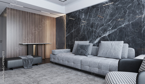 Gray sofa with black marble pattern wall and Wooden Floor,white curtian beside. 3D illustration photo