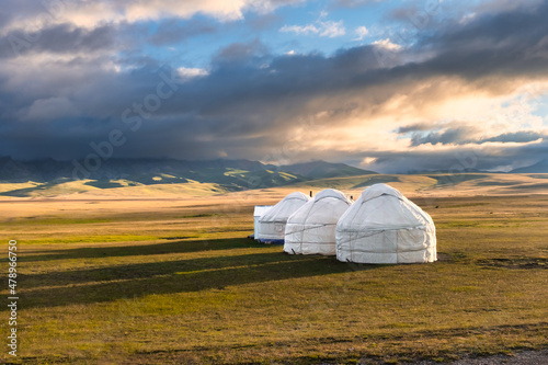 Traditional Yurt camp at the Son Kul lake plateau in Kyrgyztan photo
