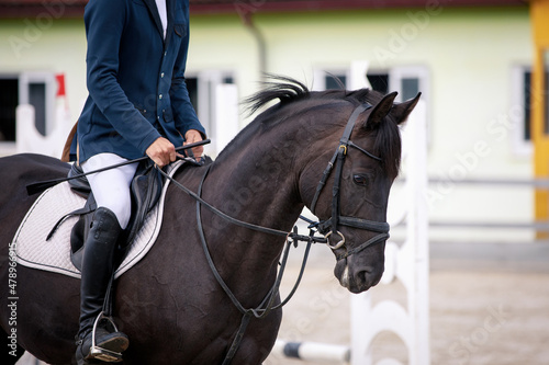 closeup portrait of black stallion horse and handsome man rider during showjumping competition in summer © vprotastchik