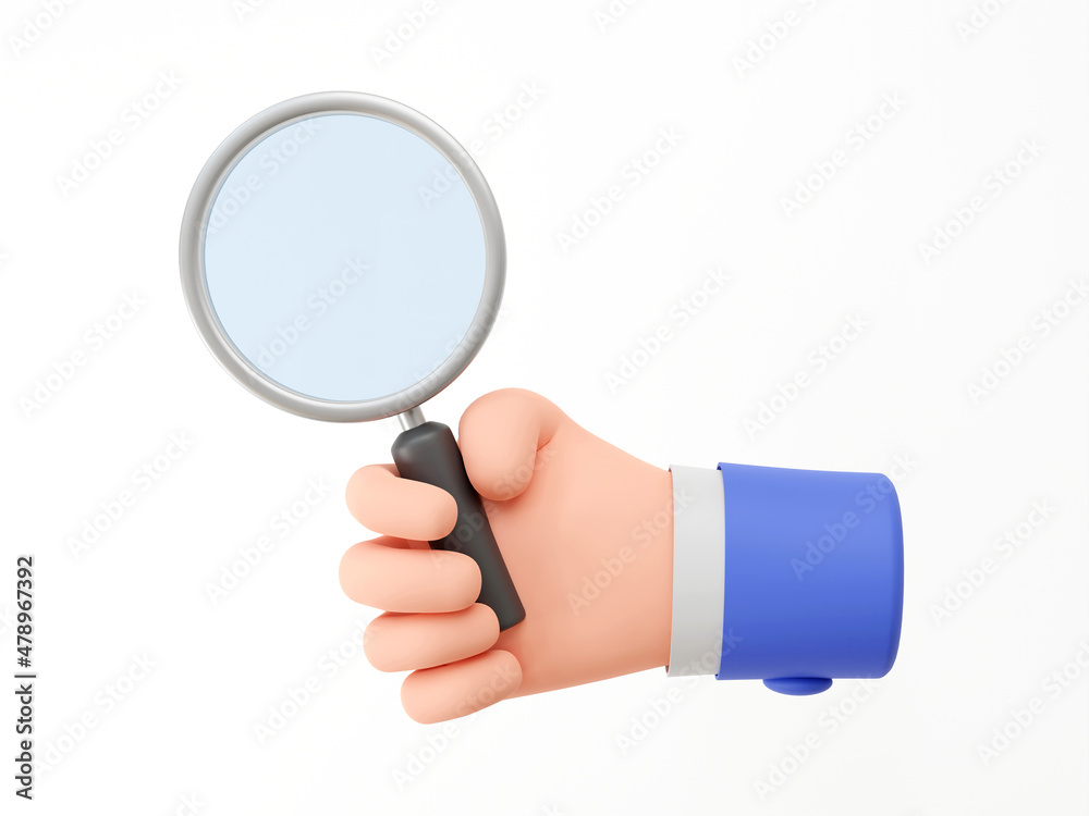 Cartoon hand holding a Magnifying Glass on white background with copy space. 3d illustration Cartoon hand holding a Magnifying Glass on white background with copy space. 3d illustration