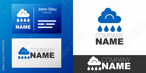 Logotype Cloud with rain icon isolated on white background. Rain cloud precipitation with rain drops. Logo design template element. Vector