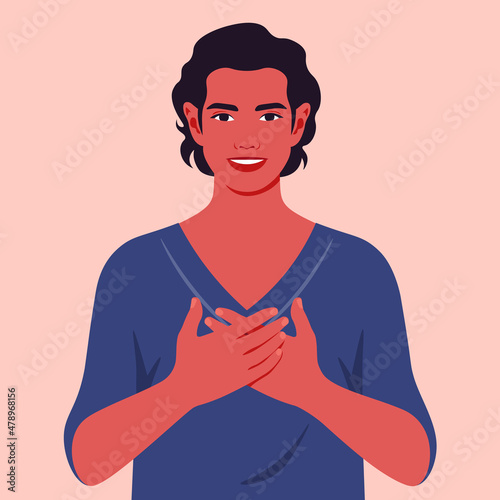 Young smiling man with hands on chest. Grateful gesture. Vector flat illustration