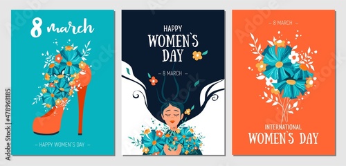 Beautiful trendy set of greeting cards for 8 March. International Women's Day. Stylish flat graphics and original design