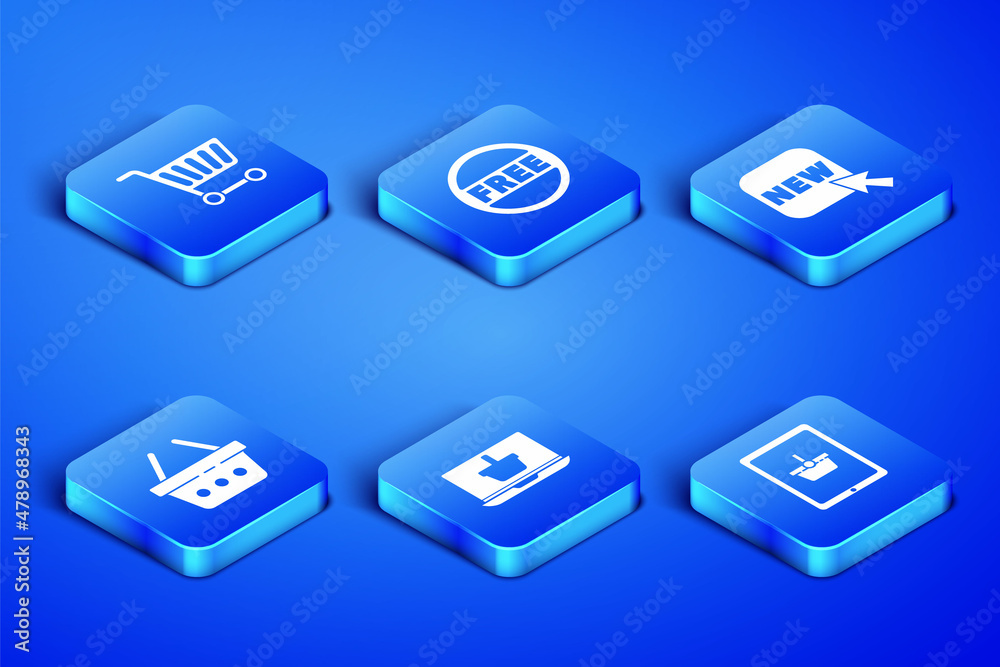 Set Shopping basket on tablet, cart, laptop, Price tag with Free and Button text New icon. Vector
