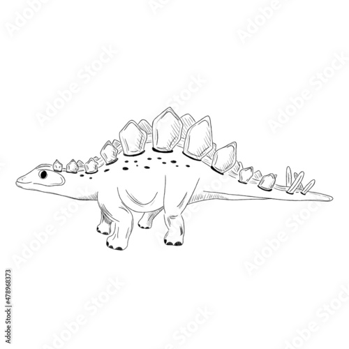 Graphic black and white dinosaur sketch. Hand-drawn dinosaurus isolated on white background, animal 