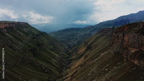 Aerial View of the Tsolotlinsky canyon and Tobot river. Most popular natural landmark. Dagestan, North Caucasus, Russia 4K,10 bit Video photo