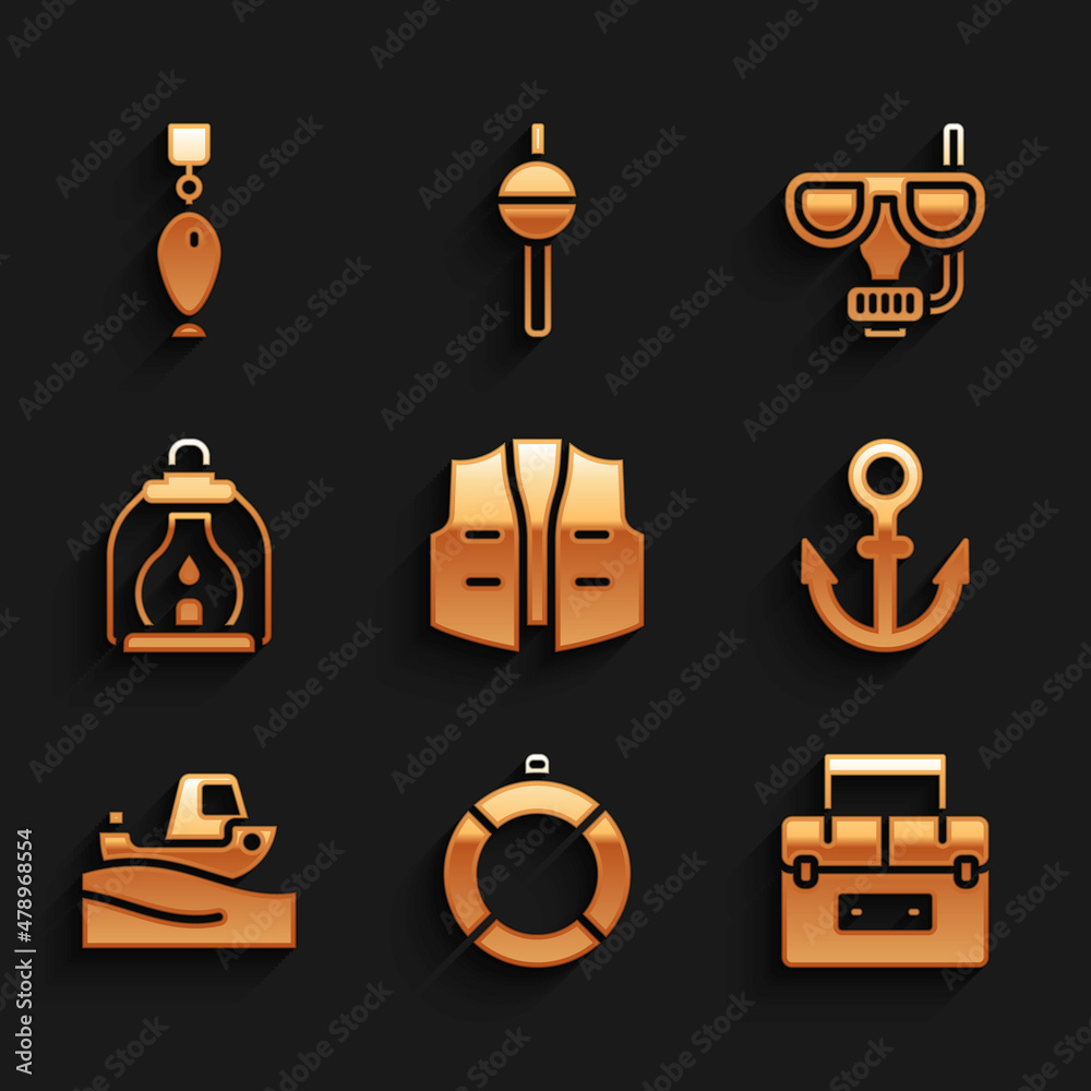 Set Fishing jacket, Lifebuoy, Case container for wobbler, Anchor, boat water, Camping lantern, Diving mask and snorkel and spoon icon. Vector Set Fishing jacket, Lifebuoy, Case container for wobbler, Anchor, boat water, Camping lantern, Diving mask and snorkel and spoon icon. Vector