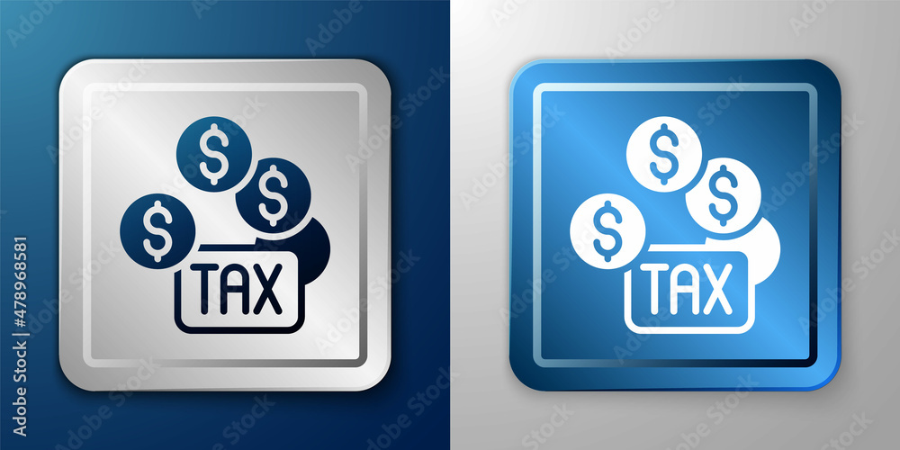 White Tax payment icon isolated on blue and grey background. Silver and blue square button. Vector