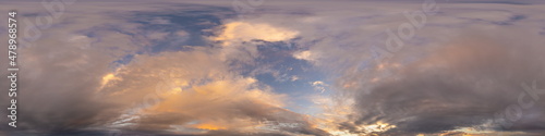 Dark blue sunset sky panorama with pink Cumulus clouds. Seamless hdr 360 pano in spherical equirectangular format. Full zenith for 3D visualization, game, sky replacement for aerial drone panoramas.