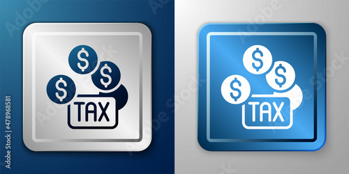 White Tax payment icon isolated on blue and grey background. Silver and blue square button. Vector