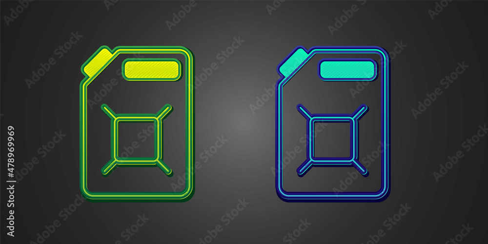 Green and blue Canister for gasoline icon isolated on black background. Diesel gas icon. Vector Green and blue Canister for gasoline icon isolated on black background. Diesel gas icon. Vector