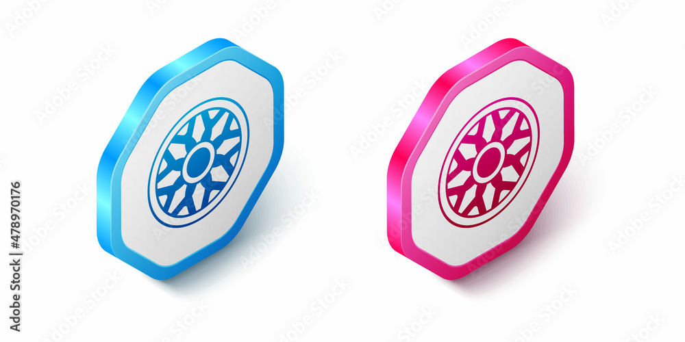 Isometric Alloy wheel for car icon isolated on white background. Hexagon button. Vector