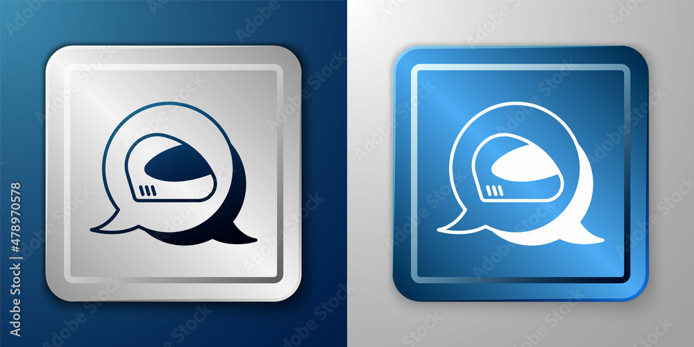 White Racing helmet icon isolated on blue and grey background. Extreme sport. Sport equipment. Silver and blue square button. Vector White Racing helmet icon isolated on blue and grey background. Extreme sport. Sport equipment. Silver and blue square button. Vector