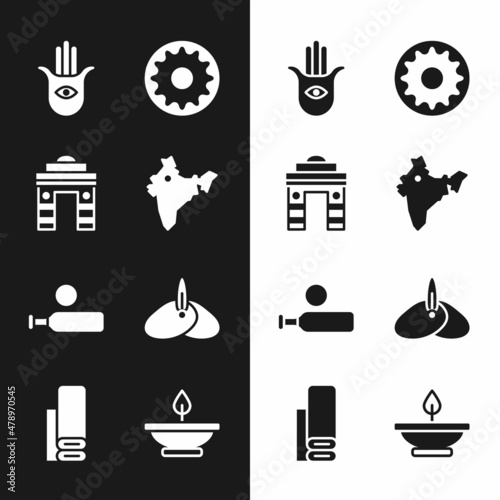 Set India map, Gate in Delhi, Hamsa hand, Chakra, Wood cricket bat ball, Indian headgear turban, Aroma lamp and textile fabric icon. Vector