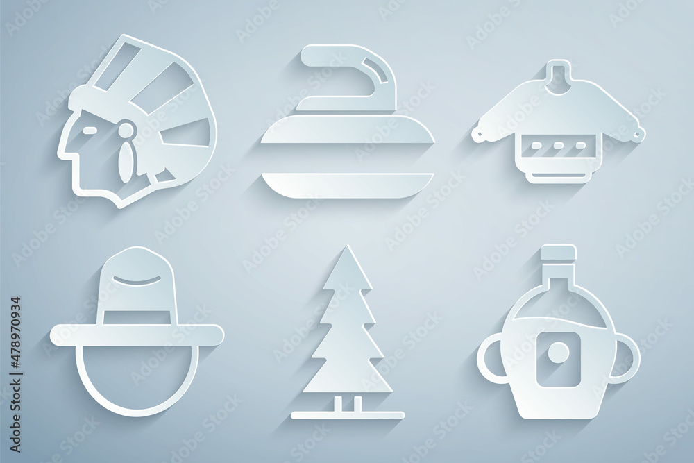 Set Canadian spruce, Christmas sweater, ranger hat, Maple syrup, Stone for curling and Native American Indian icon. Vector Set Canadian spruce, Christmas sweater, ranger hat, Maple syrup, Stone for curling and Native American Indian icon. Vector