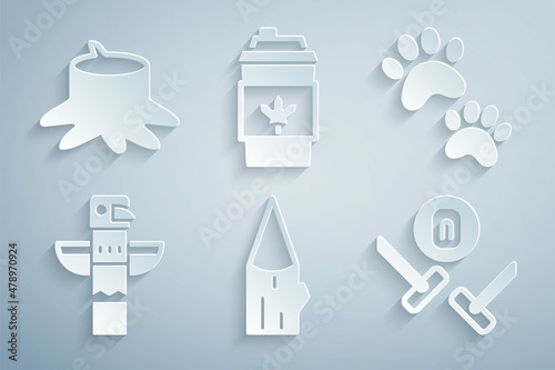 Set Wooden log, Paw print, Canadian totem pole, Curling sport game, Coffee cup go and Tree stump icon. Vector