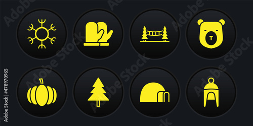 Set Pumpkin, Bear head, Christmas tree, Igloo ice house, Capilano Suspension Bridge, mitten, Winter hat and Snowflake icon. Vector