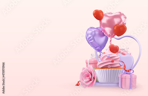 Happy Valentines day decoration. 3d render vector objects. Cupcake, gift box, rose flower, balloon, heart