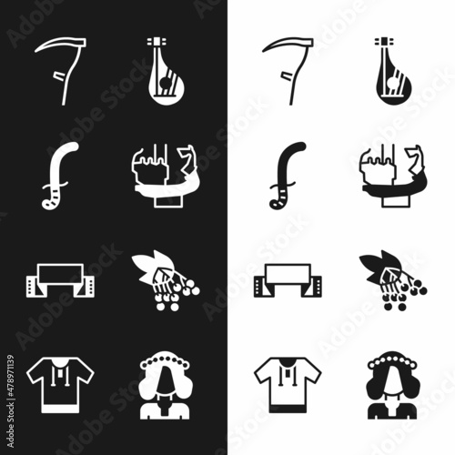 Set Monument to founders of Kiev, Medieval sword, Scythe, Bandura, Embroidered towel, Branch viburnum, Ukrainian woman and shirt icon. Vector