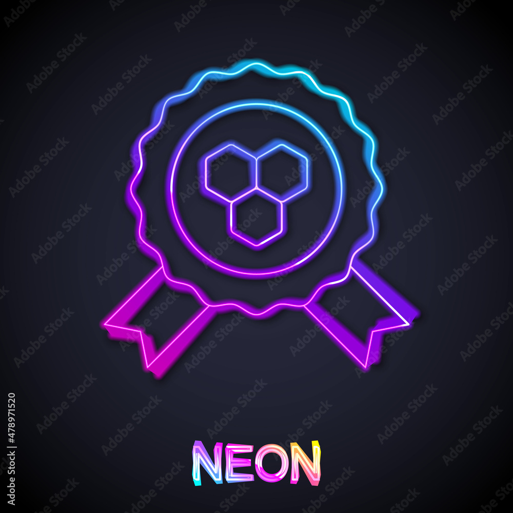Obraz premium Glowing neon line Honey award icon isolated on black background. Honey medal. Vector
