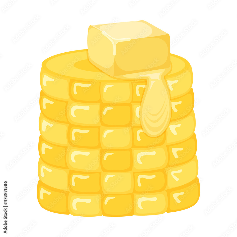 Ear of sweet corn with milk product natural ingredient butter, margarine icon, breakfast organic dairy cartoon vector illustration, isolated on white. Ear of sweet corn with milk product natural ingredient butter, margarine icon, breakfast organic dairy cartoon vector illustration, isolated on white.