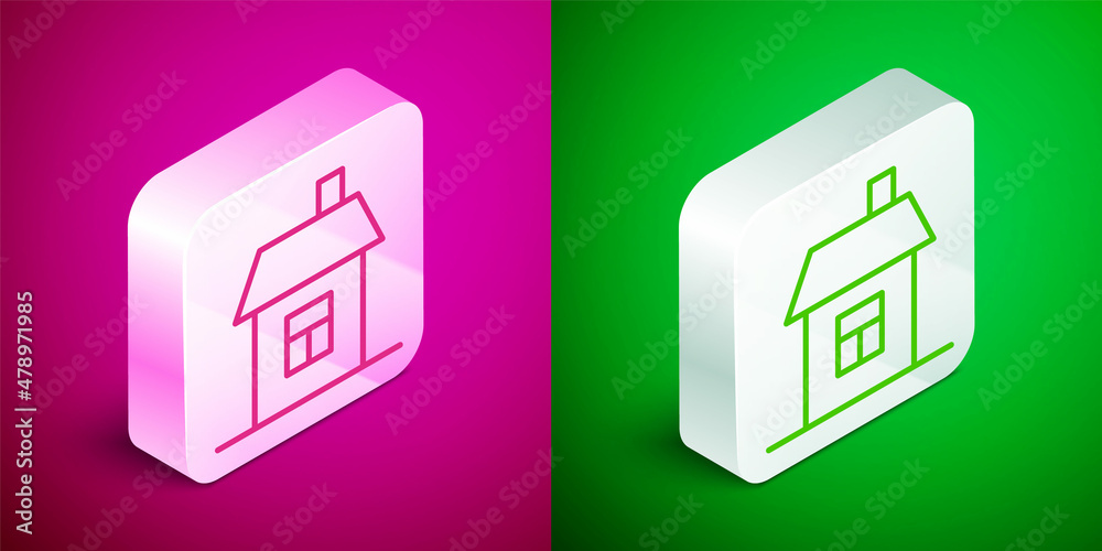 Isometric line House icon isolated on pink and green background. Home symbol. Silver square button. Vector Isometric line House icon isolated on pink and green background. Home symbol. Silver square button. Vector