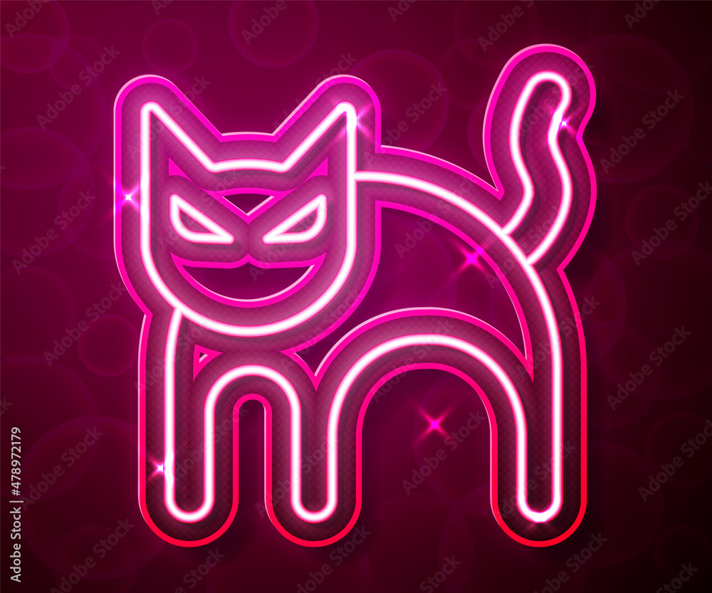 Glowing neon line Black cat icon isolated on red background. Happy Halloween party. Vector Glowing neon line Black cat icon isolated on red background. Happy Halloween party. Vector