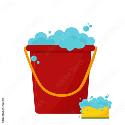 Vector illustration of a red bucket with foam and a yellow sponge. For cleaning. Flat illustration of home cleaning tools.