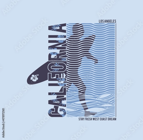 CALIFORNIA stylish t-shirt and apparel modern design with tropical leaves, typography, print, vector illustration. 