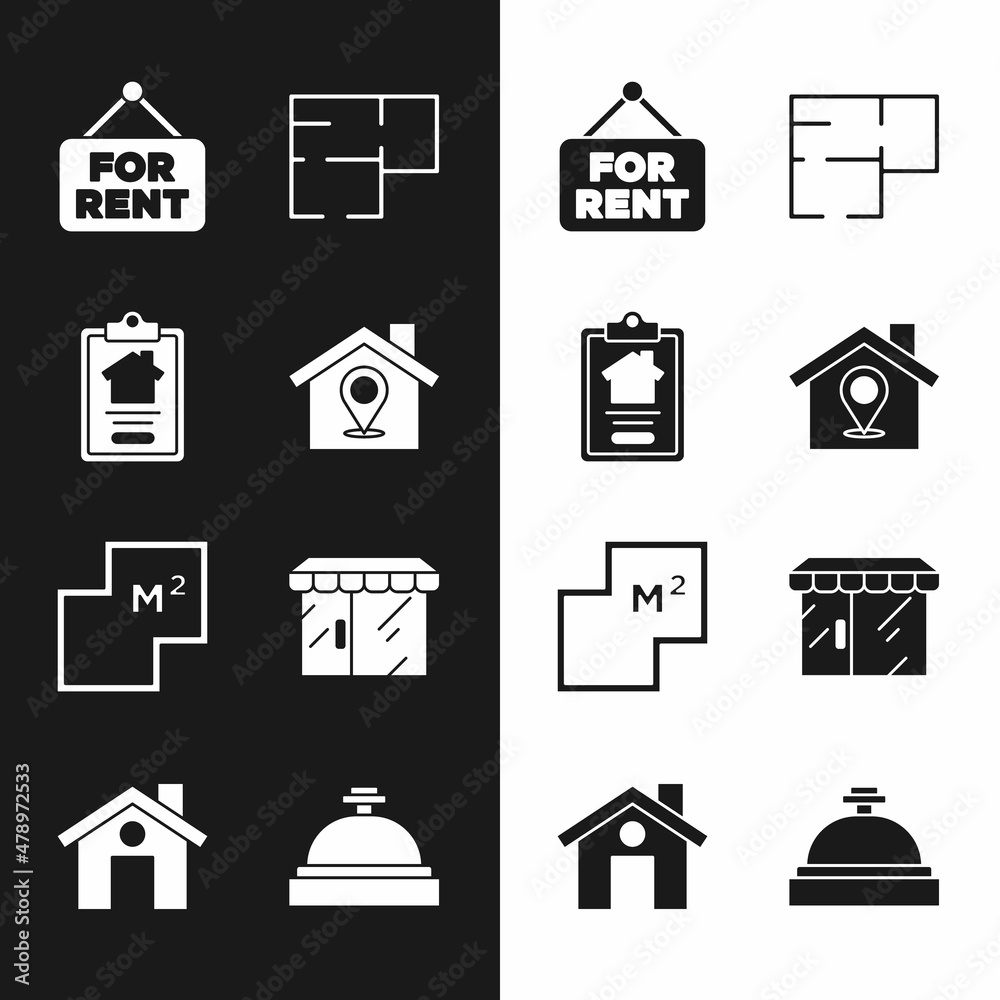 Set Location with house, House contract, Hanging sign For Rent, plan, Market store, Hotel service bell and icon. Vector Set Location with house, House contract, Hanging sign For Rent, plan, Market store, Hotel service bell and icon. Vector