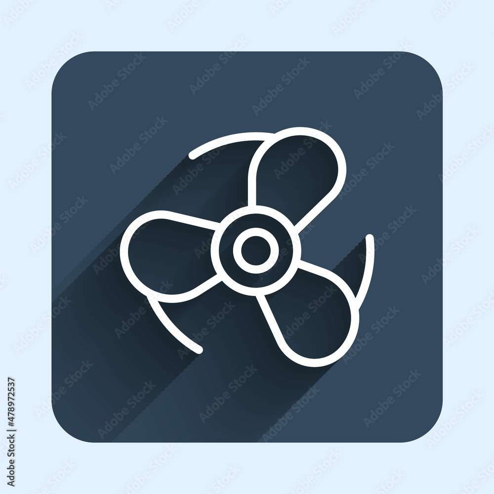 White line Boat propeller, turbine icon isolated with long shadow background. Blue square button. Vector