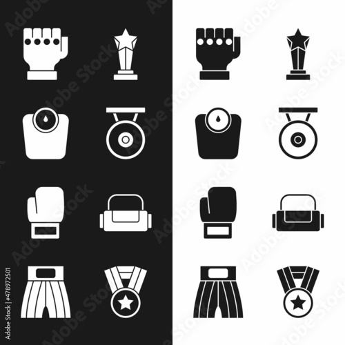 Set Gong, Bathroom scales, MMA glove, Award cup, Boxing, Sport bag, Medal and short icon. Vector